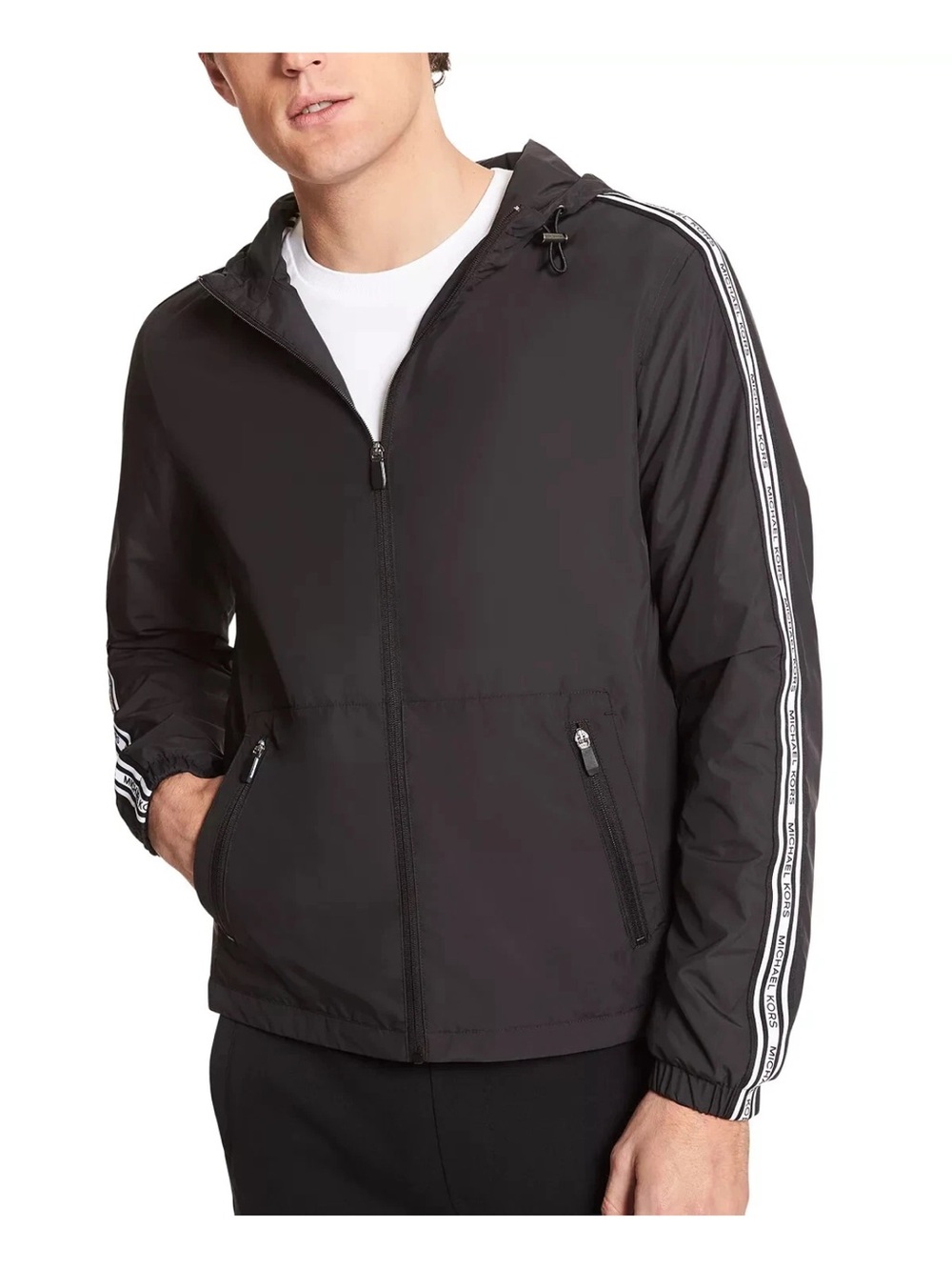 Michael Kors Black Hooded Windbreaker with White Logo Stripe